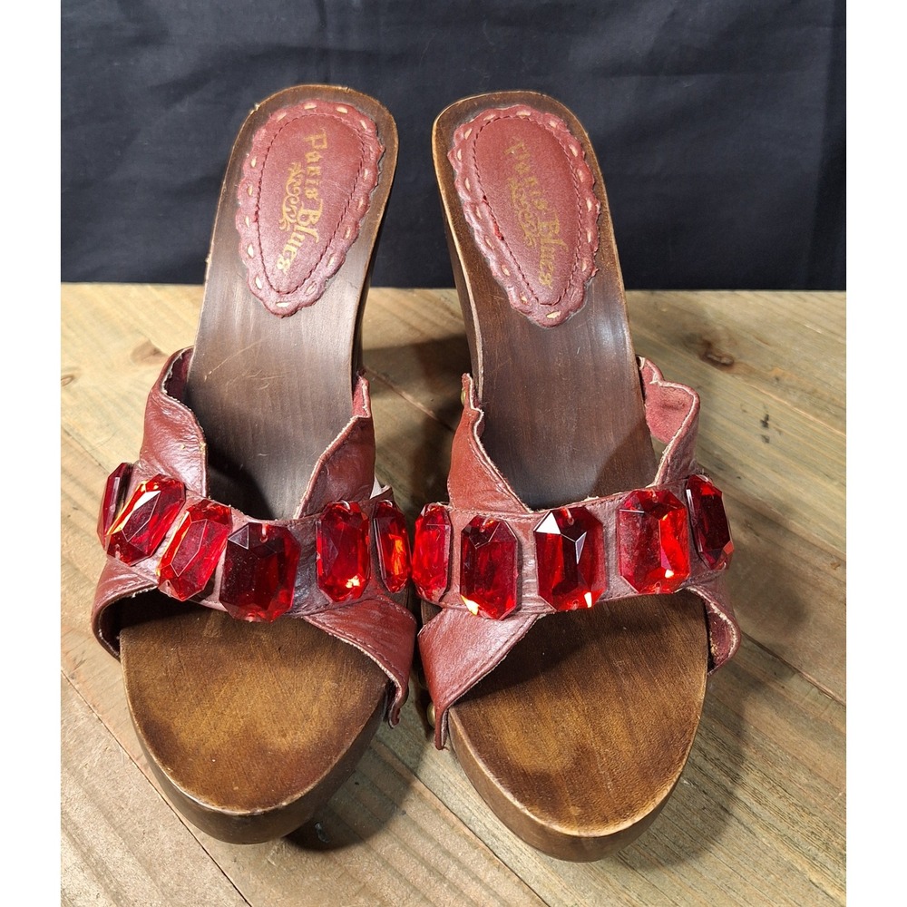 Paris Blues Charlize Red Gemstone Leather Wood Platform Sandals Womens 6.5 Y2K